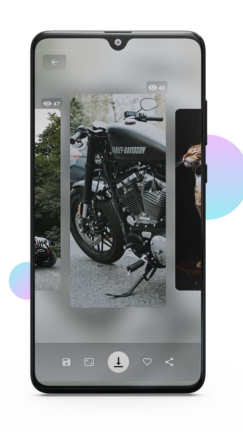 A wallpaper open in the swipe viewer, with a view count and a bar offering save, crop, download, favourite and share.