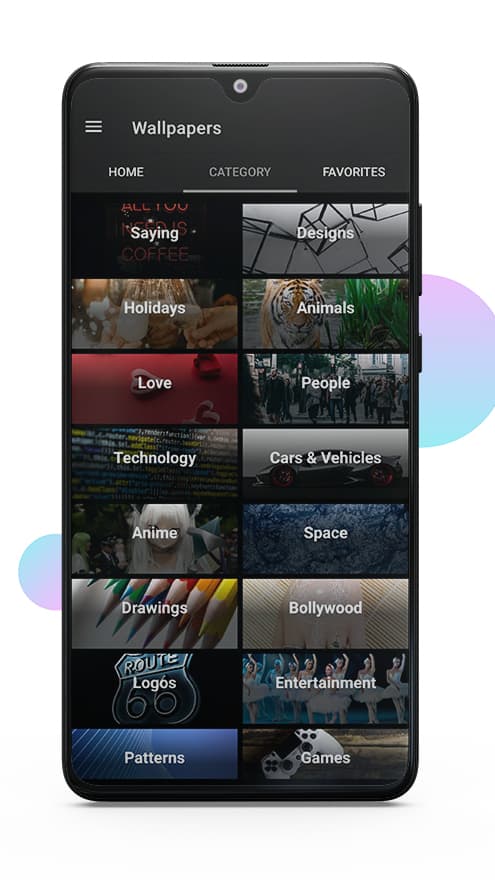 The category tab, showing sixteen tiles including Designs, Animals, Technology, Space, Anime and Games.