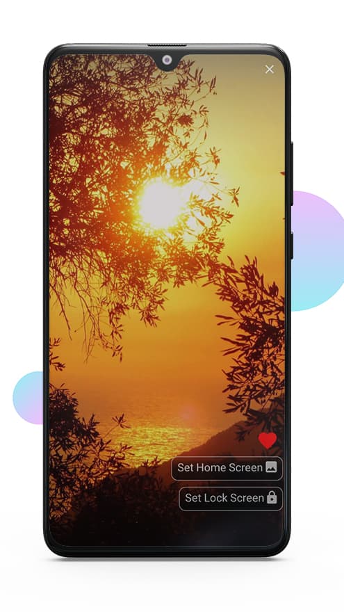 A sunset wallpaper previewed full screen, with Set Home Screen and Set Lock Screen buttons over it.