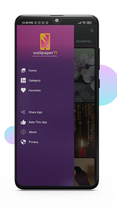 The navigation drawer open over the app, listing Home, Category, Favorites, Share App, Rate This App, About and Privacy.