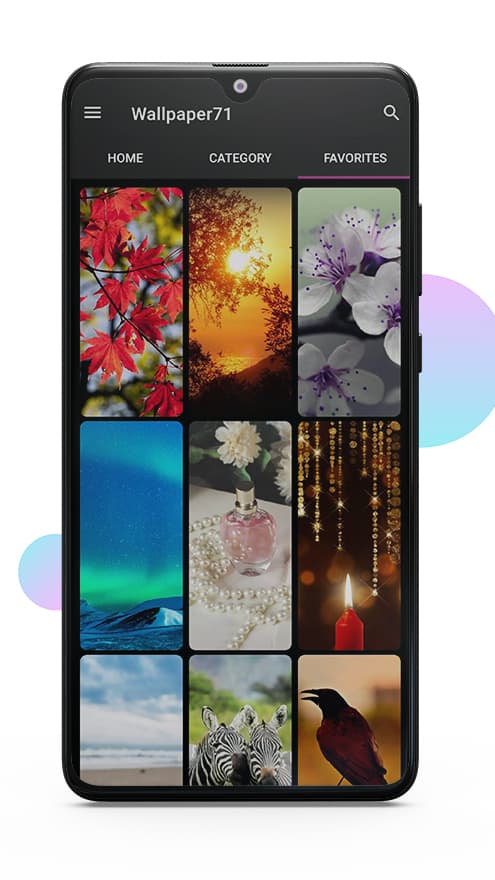 The favourites tab, holding nine saved wallpapers in a three-column grid.