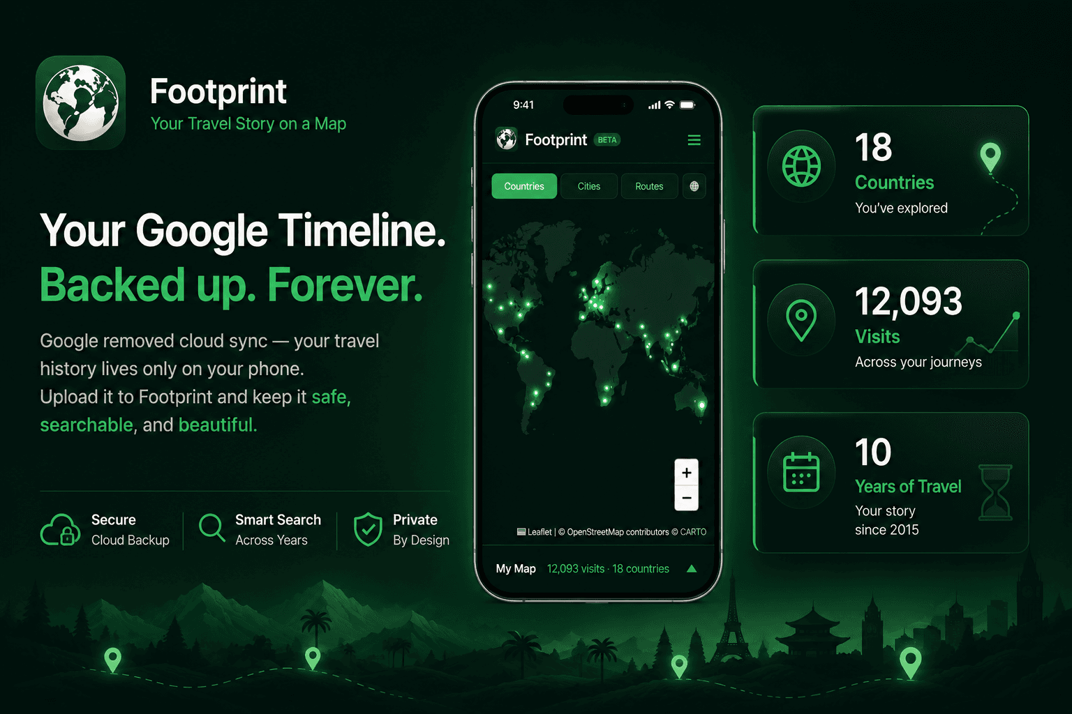 Footprint's product card: the mobile map beside three figures — 18 countries explored, 12,093 visits and 10 years of travel.
