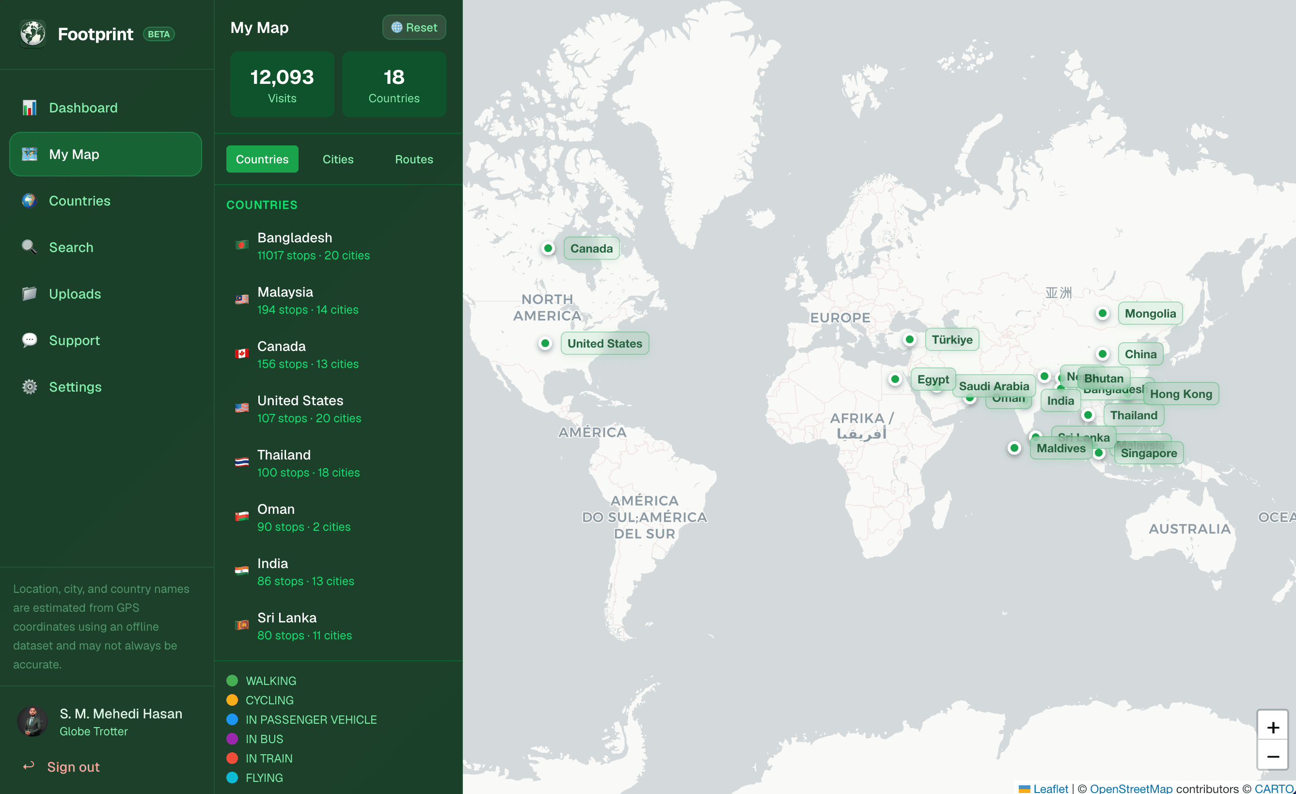 The Footprint web app: a world map of visited countries beside a sidebar listing 12,093 visits across 18 countries, with per-country stop and city counts.