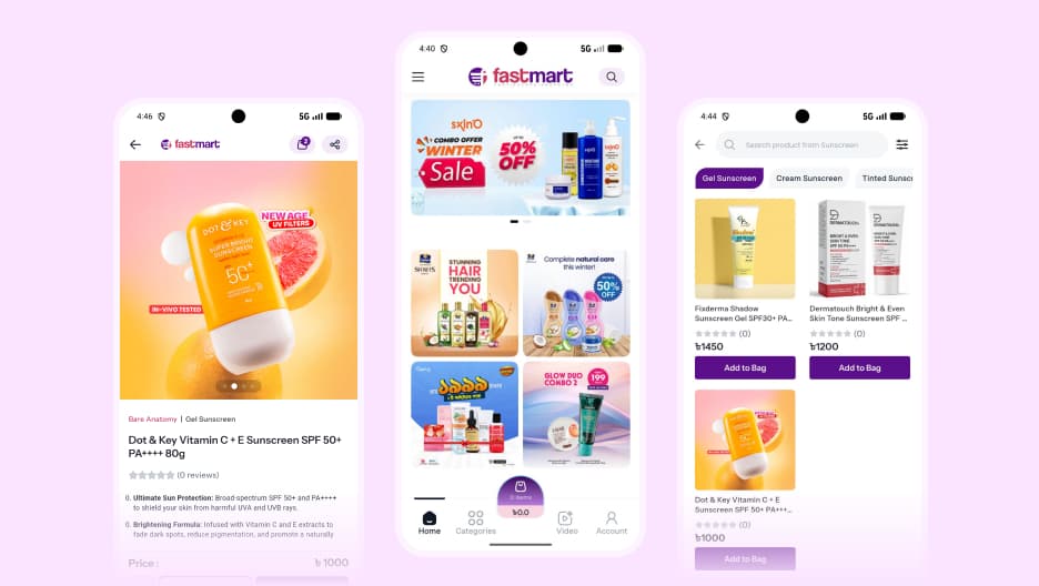 Three screens of the Fastmart mobile app: a product detail page, the home feed and a filtered search result.
