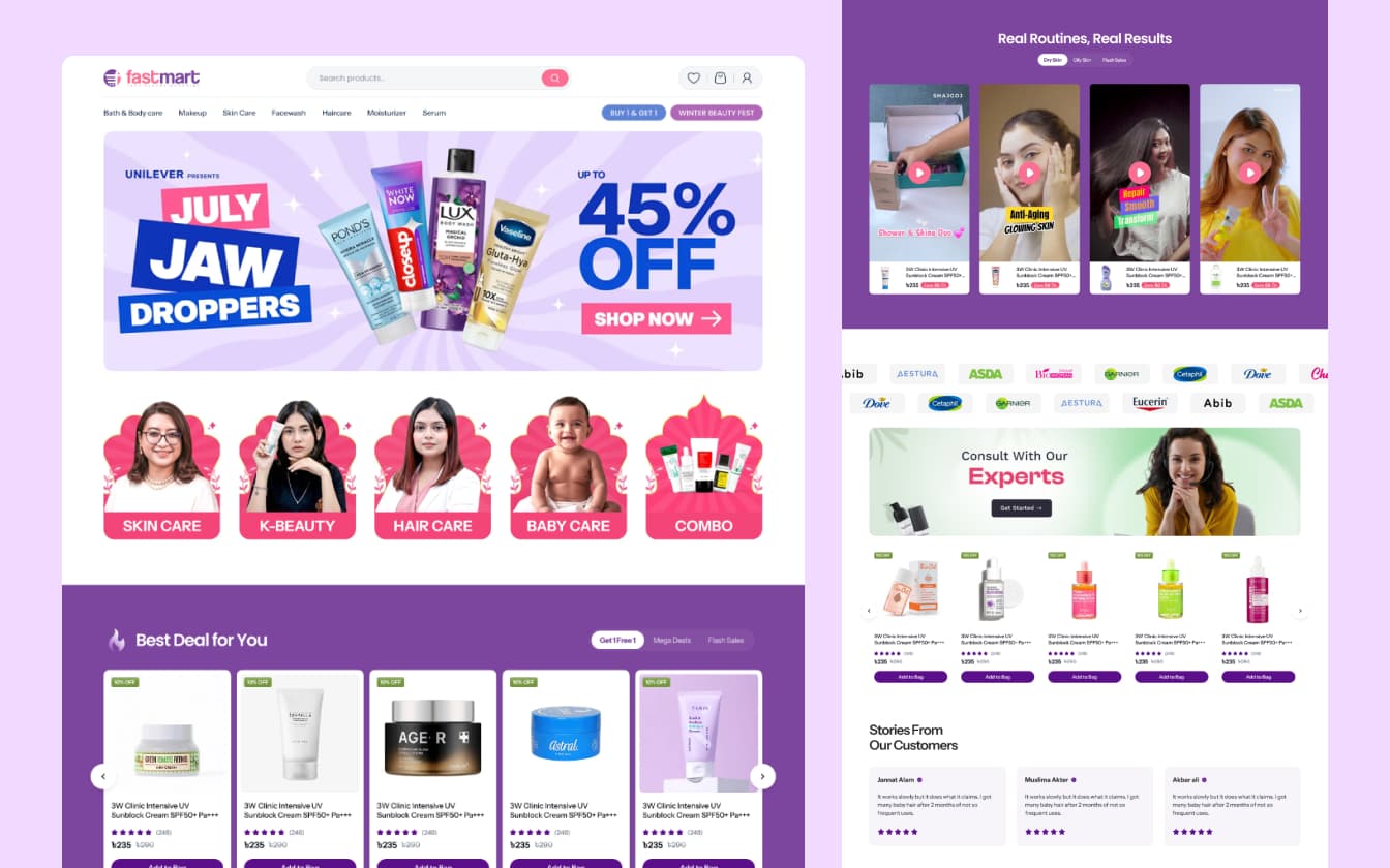 A Fastmart beauty storefront: a campaign banner, category tiles, a deals carousel, shoppable video and customer reviews.