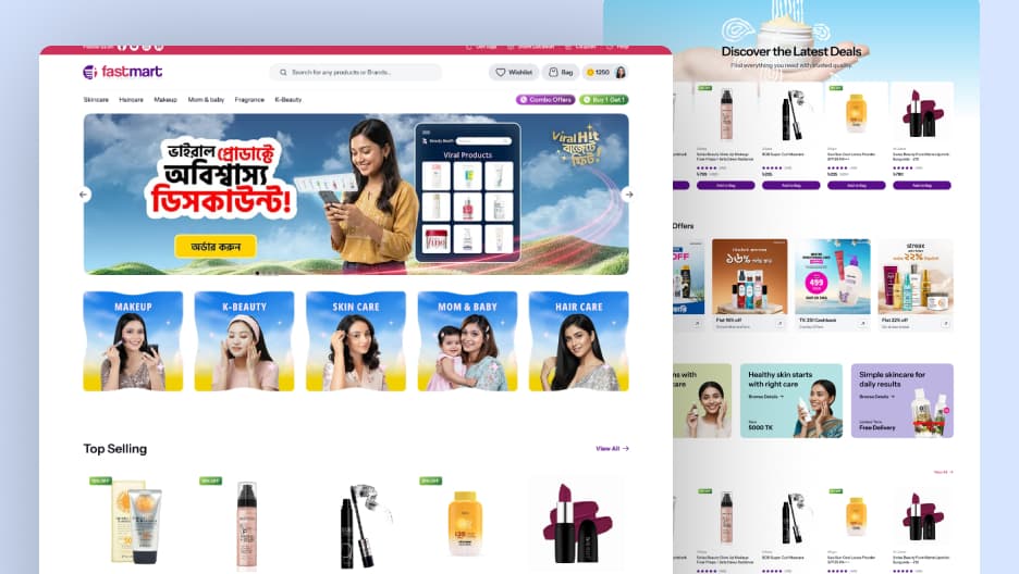 A Fastmart storefront in Bangla, with a promotional carousel, five category tiles and a top-selling product rail.