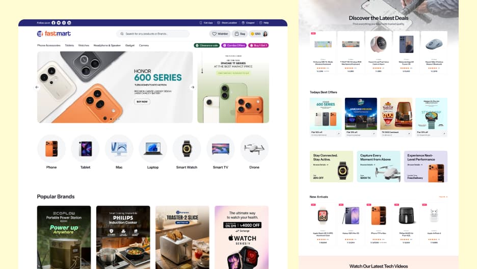 A Fastmart electronics storefront showing device categories, popular brands, daily offers and new arrivals.